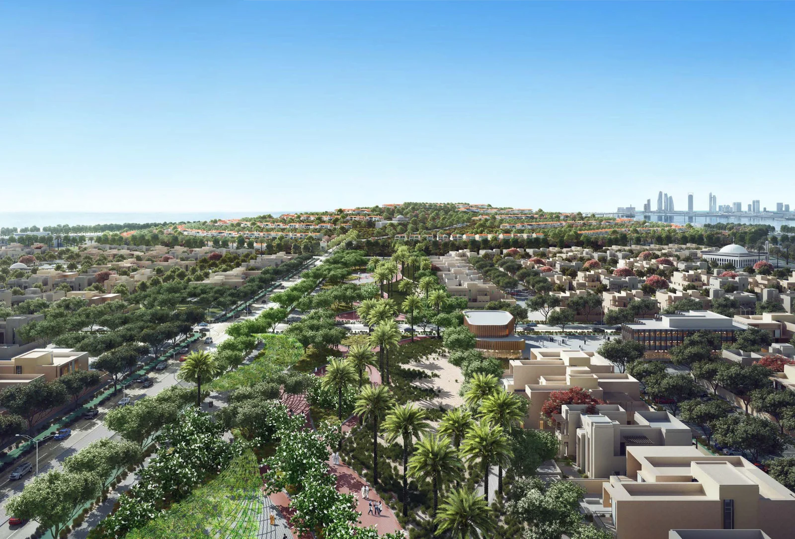 Panoramic view of Hudayriyat Sahl Villas with premium plots overlooking the turquoise waters of the Arabian Gulf on Hudayriyat Island, Abu Dhabi