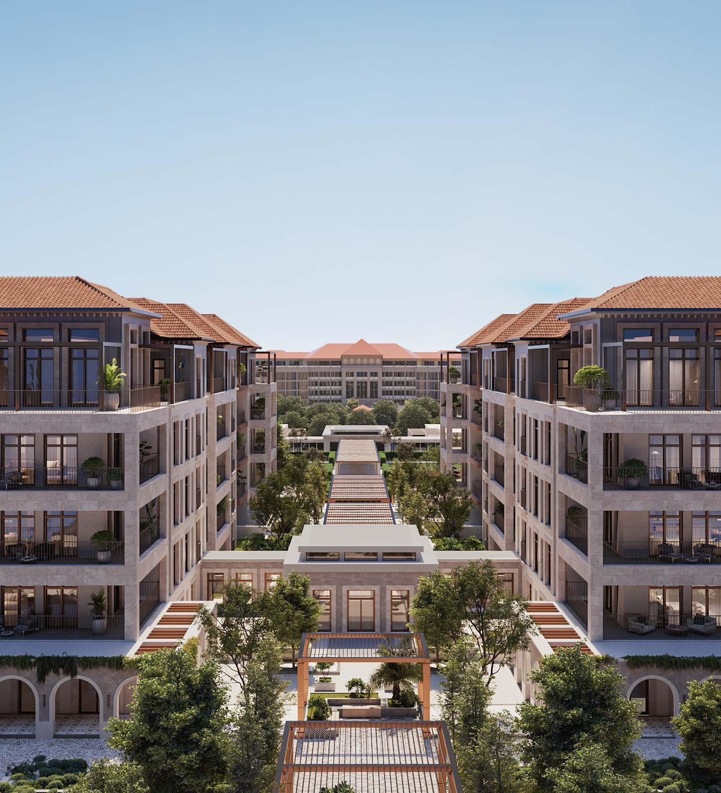 Elegant residential buildings at Nawayef Park Views with landscaped walkways and adjacent park views