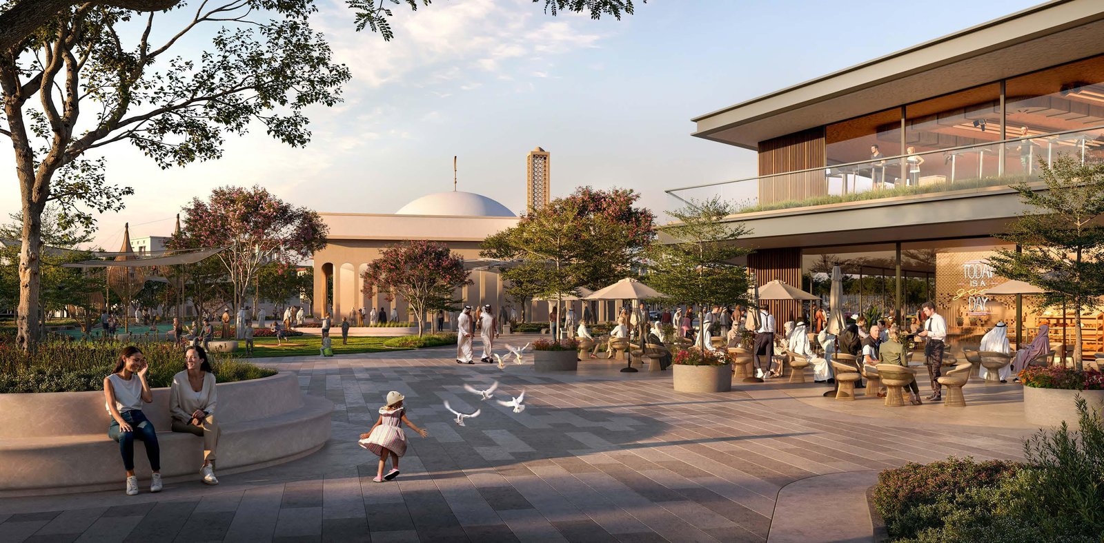 Lifestyle rendering of Wadeem’s lush central park with walking trails and family-friendly open space