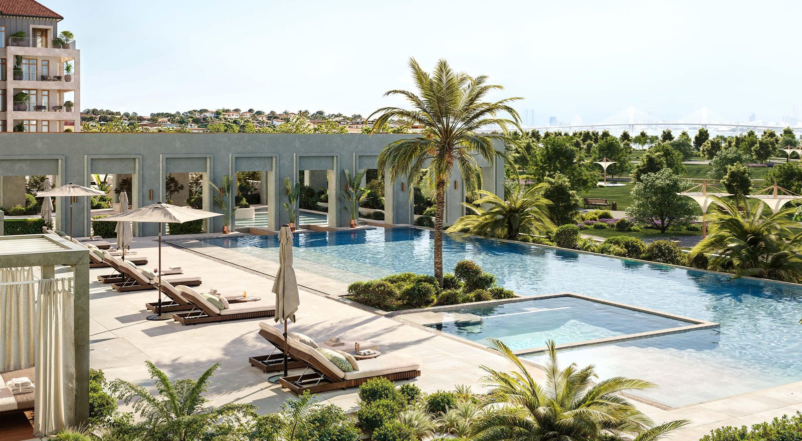 Tranquil swimming pool area with sun loungers, reflecting the serene island lifestyle at Nawayef Park Views