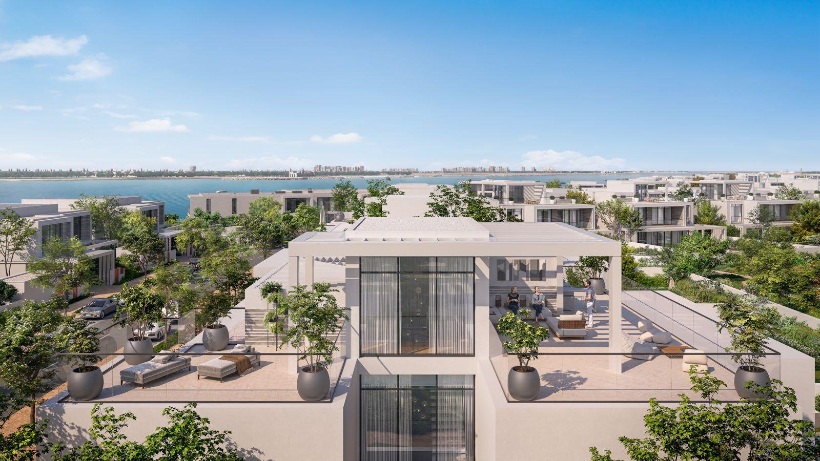Striking exterior façade of Bashayer Villas on Hudayriyat Island, showcasing exclusive 4 and 5-bedroom waterfront residences in Abu Dhabi