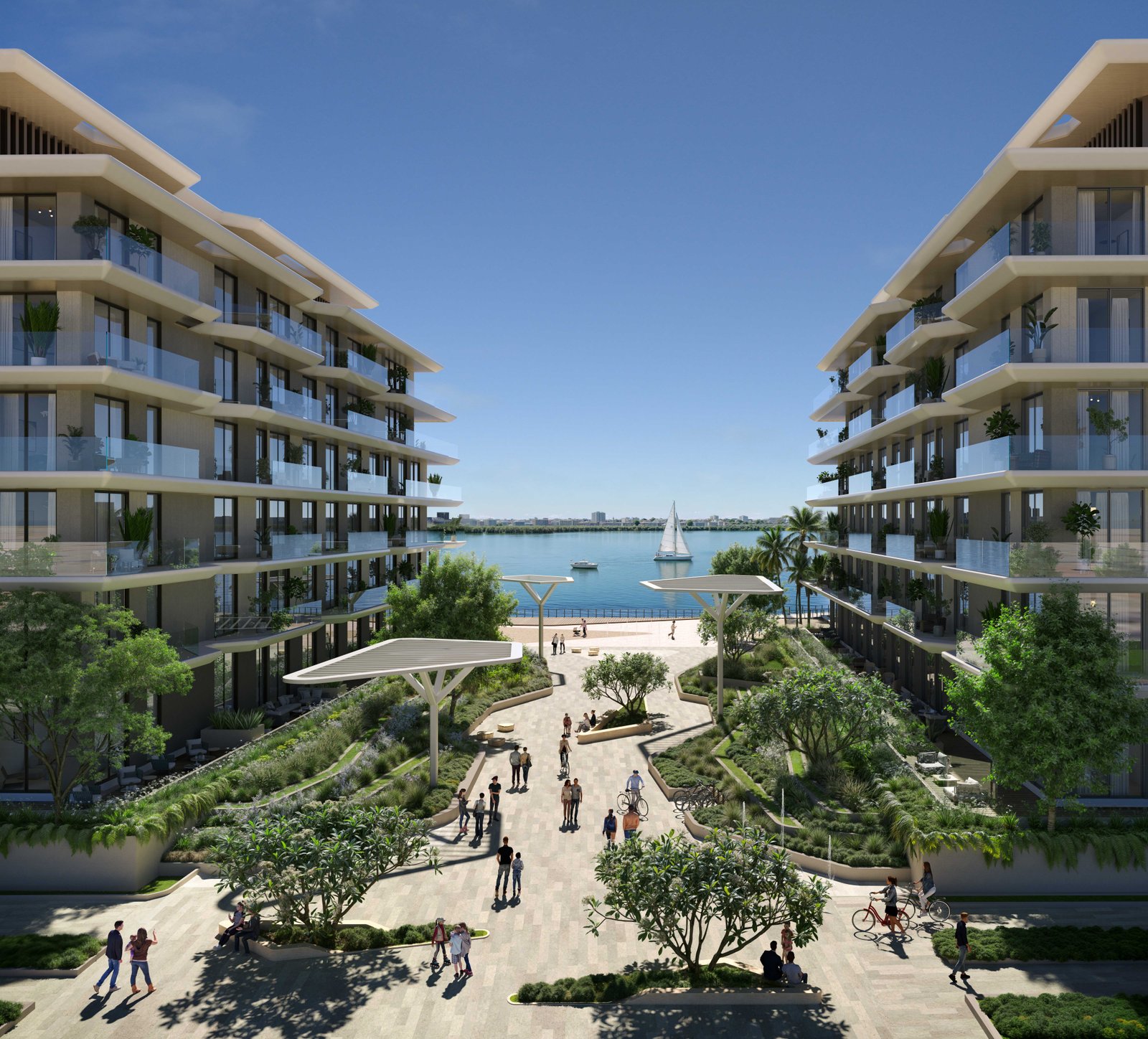 Breathtaking exterior façade of Bashayer Residences, a waterfront masterpiece on Hudayriyat Island, Abu Dhabi, framed by sweeping skyline vistas and striki