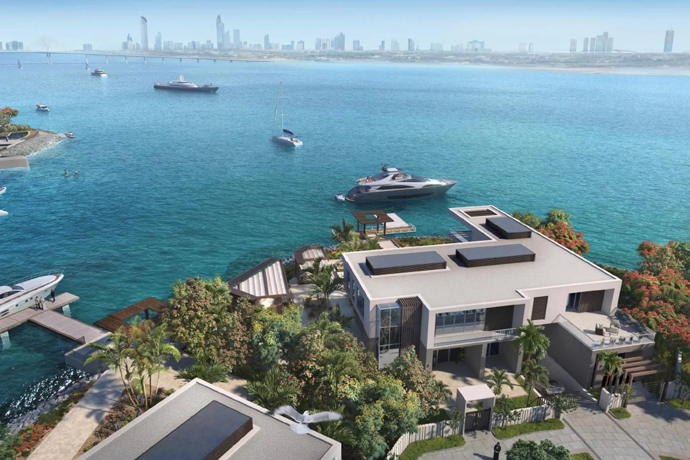 Aerial view of Hudayriyat Quays showcasing off plan luxury villa community and lush greenery