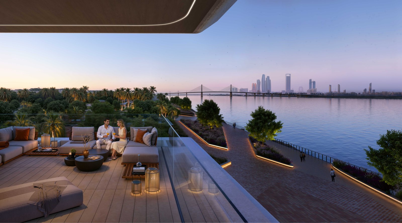 An indulgent rooftop infinity pool at Bashayer Residences, overlooking the 3.5 km waterfront promenade, verdant landscaped gardens, and tranquil coastal pa