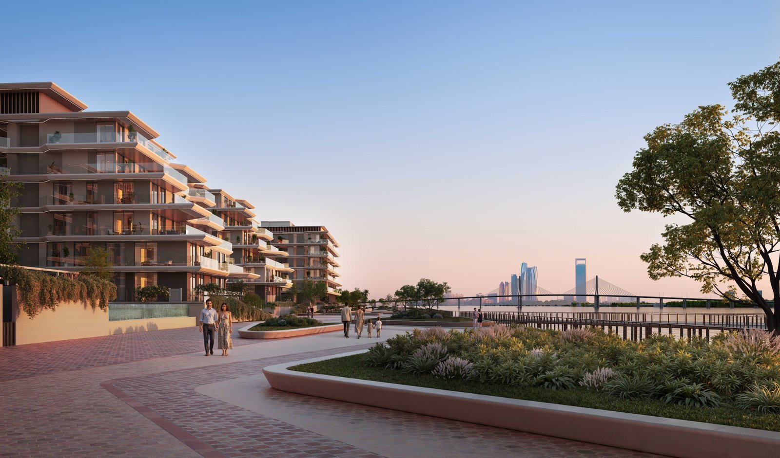An indulgent rooftop infinity pool at Bashayer Residences, overlooking the 3.5 km waterfront promenade, verdant landscaped gardens, and tranquil coastal pa