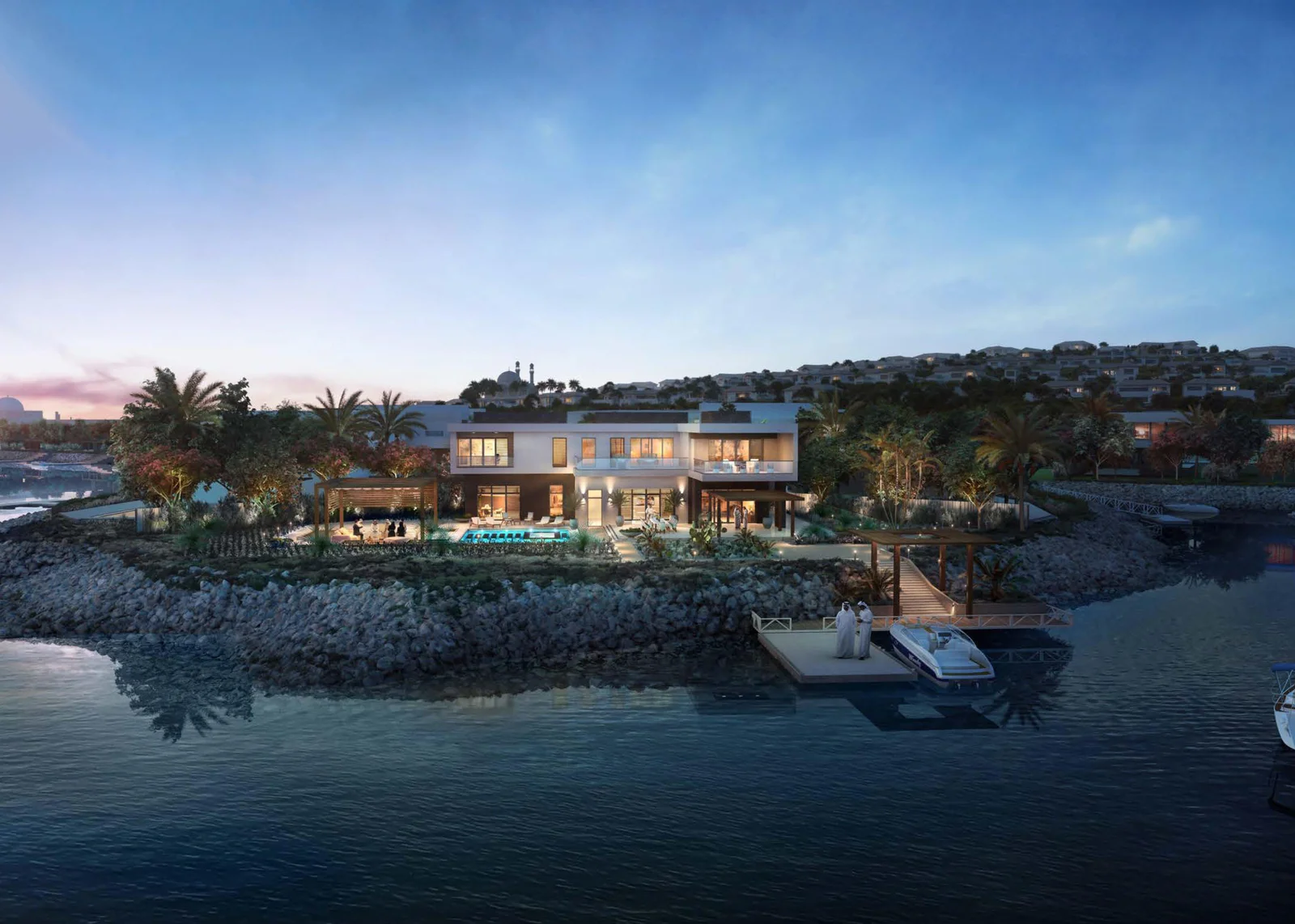 Elegant living room interior with floor-to-ceiling windows facing the ocean – Sunset Cliff Villas, Hudayriyat