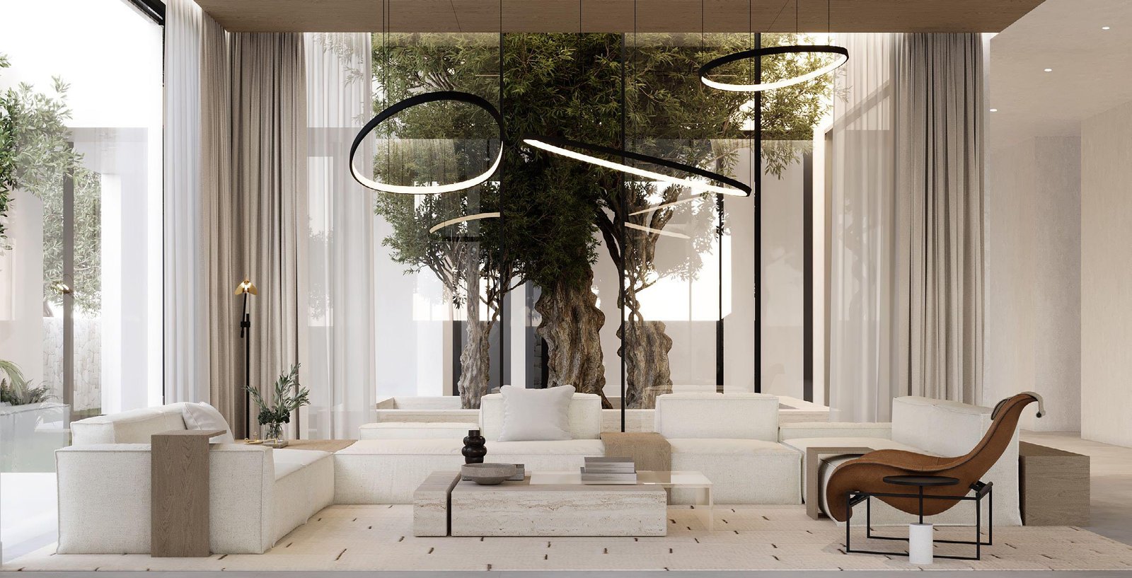 Spacious living room in Al Naseem Villas with open-plan layout, floor-to-ceiling windows, and premium interior finishes