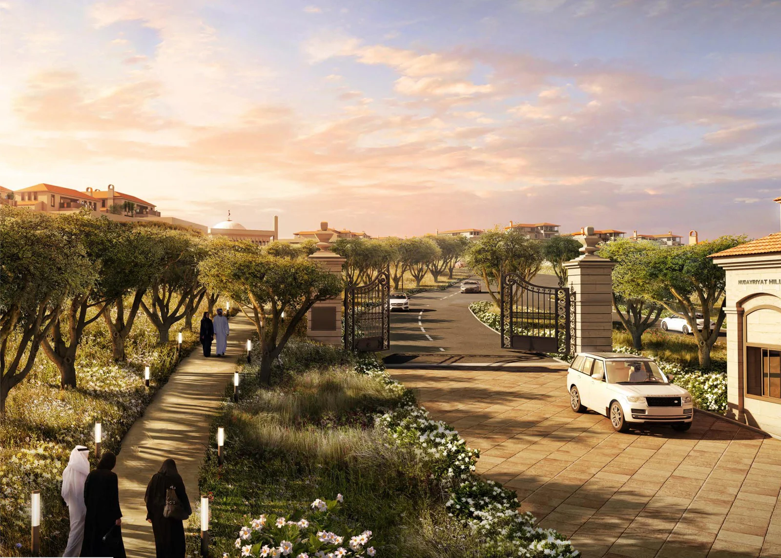 Walkable landscaped pathways and serene parks in Hudayriyat Quays residential area