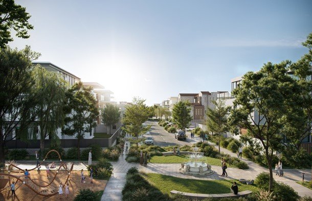 Panoramic aerial view of Masyaf residential community on Al Hidayriyyat Island, Abu Dhabi